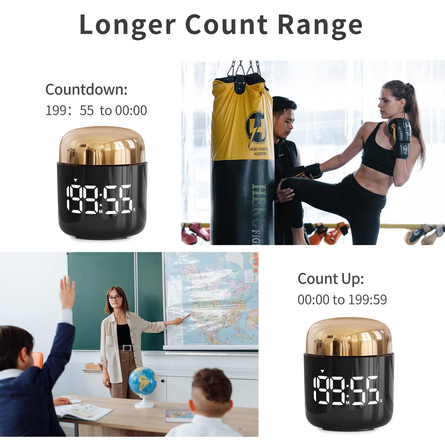 MeesMeek Digitaler Küchentimer mit großer LED-Anzeige Countdown-Timer mit Einstellbarer Lautstärke für Kochen und Lehrzeit für Kinder und Lehrer. (Schwarz) (Golden)