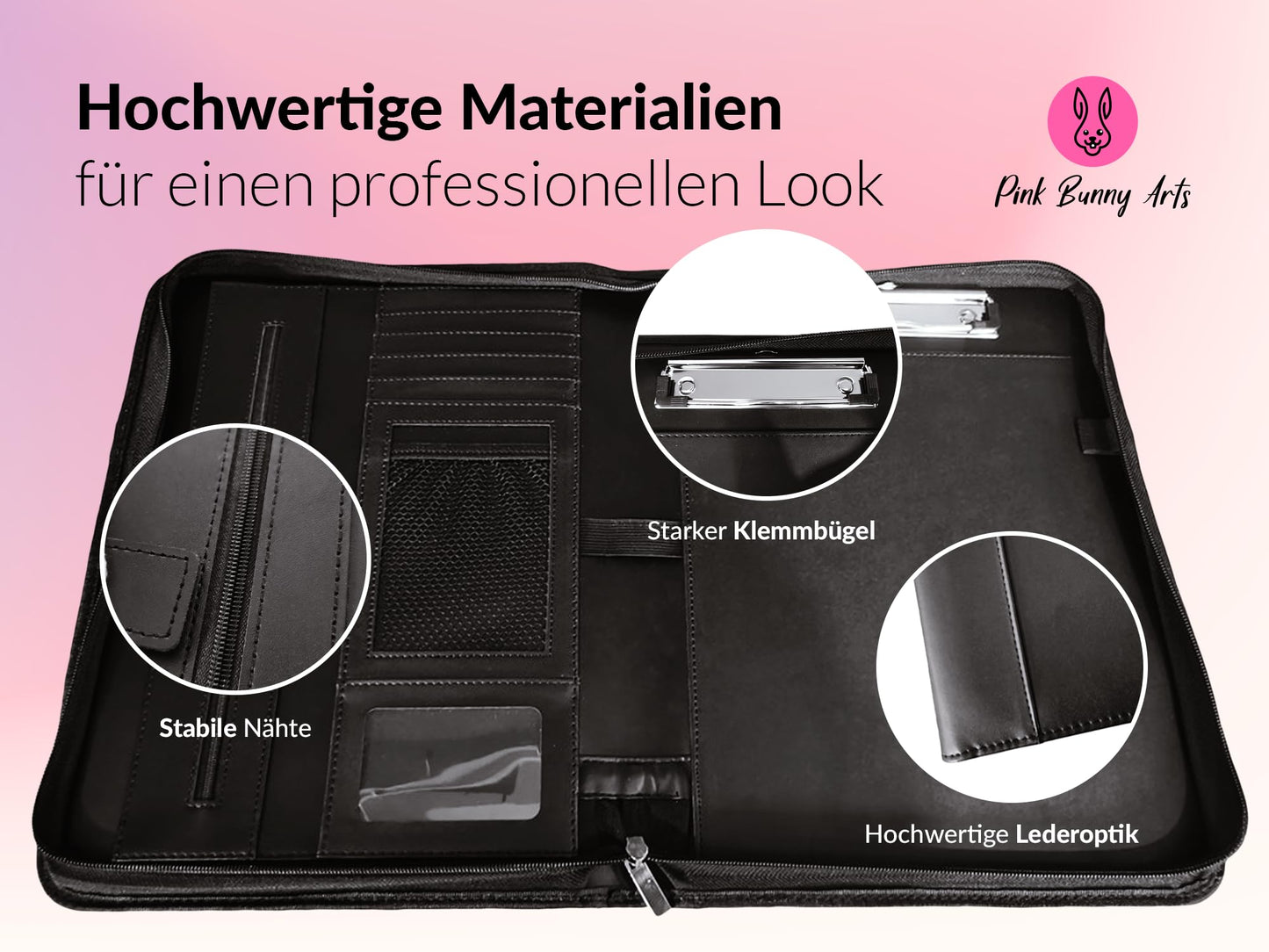 Pink Bunny Arts Schreibmappe A4 - Dokumentenmappe in hochwertiger Lederoptik - Konferenzmappe A4 inkl. Klemmbügel - Notizbuch Bürobedarf