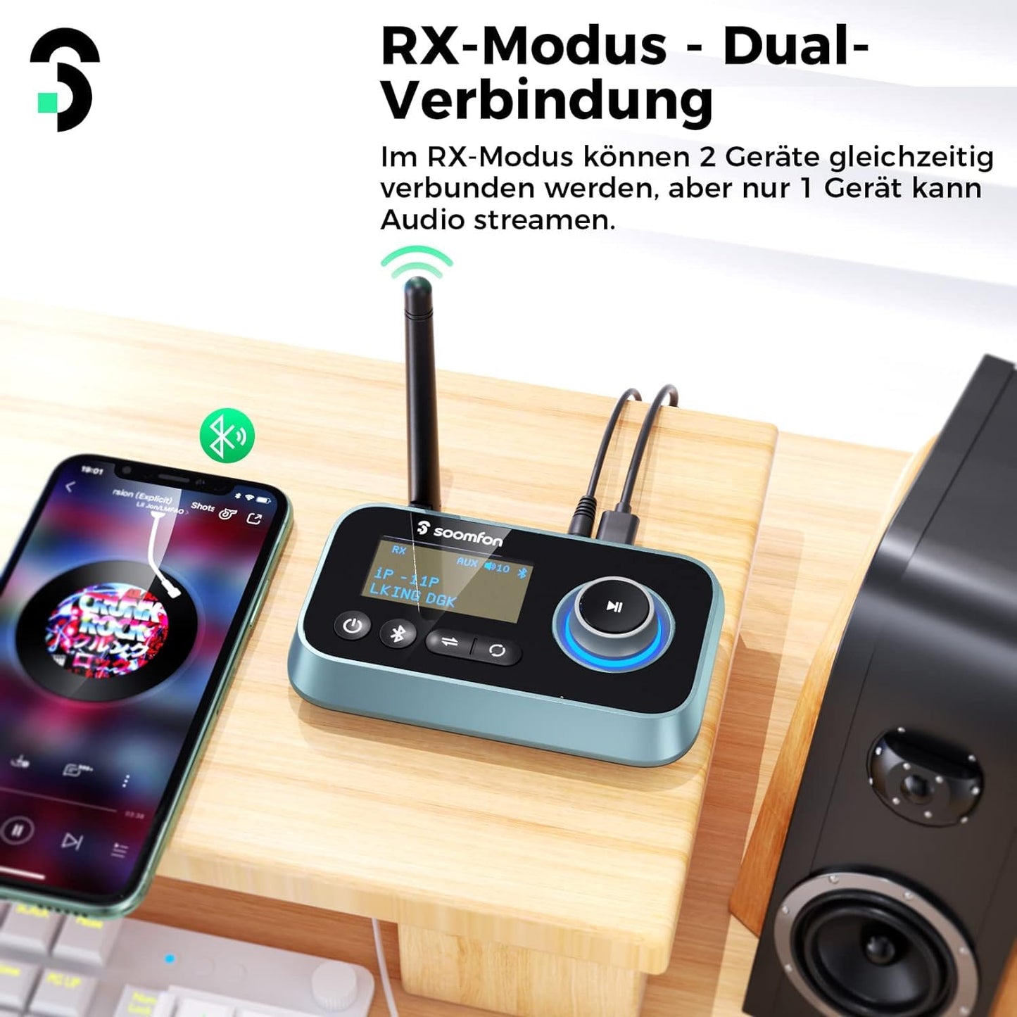 3-in-1 Bluetooth 5.0 Sender Empfänger für 2 Kopfhörer, SOOMFON Bluetooth Adapter Audio für TV PC Stereoanlage, Low Latency Bluetooth Transmitter Empfänger mit Lautstärkeregelung, Aux/RCA/Optisch