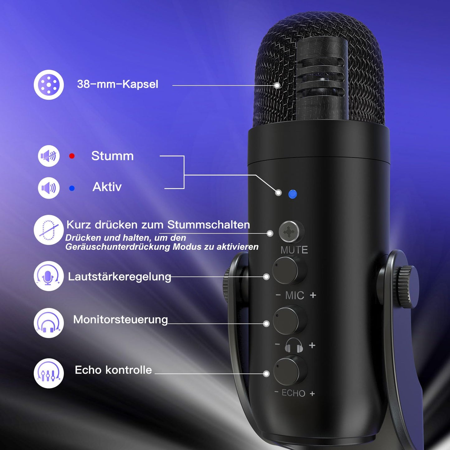 zealsound USB Mikrofon, Kondensator Mikrofon für PC Handy, PS4, PS5, Microphone PC USB C für Gaming, Podcast,Aufnahmen,Streaming,ASMR mit Stumm/Gain/Echo, Adapter für Phone,Kompatibel mit Mac, Winows