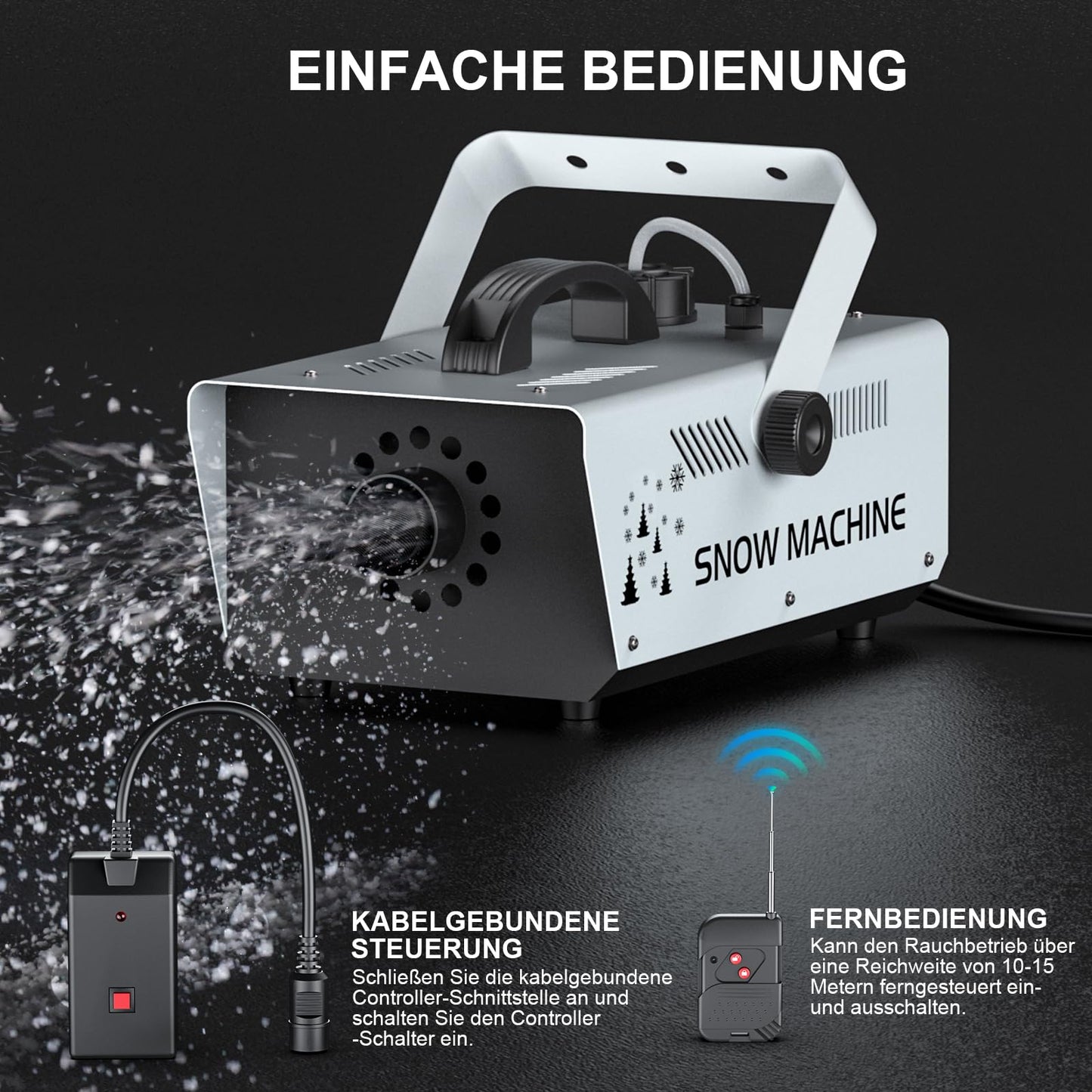 Schneemaschine 1000W, Schaummaschine mit Fernbedienung und kabelgebundener Steuerung, 1L Tank für Weihnachten, Hochzeiten, Fotografie, Partys, Kinderbühnen, Paraden