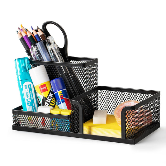 deli Schreibtisch Organizer aus Drahtmetall, Multifunktionale Organisation mit Stifthalter und Aufbewahrungskörben, für Zuhause und Büro, 3 Fächer, Schwarz
