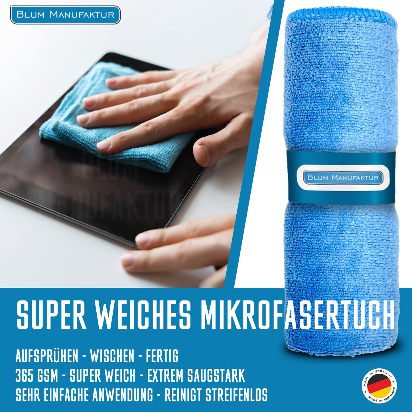 Blum Manufaktur 250ml Bildschirmreiniger + 30x30 cm Mikrofasertuch - Screen Cleaner - Display Reiniger - Absolut streifenfreie Reinigung von Handy, Laptop, PC, TV