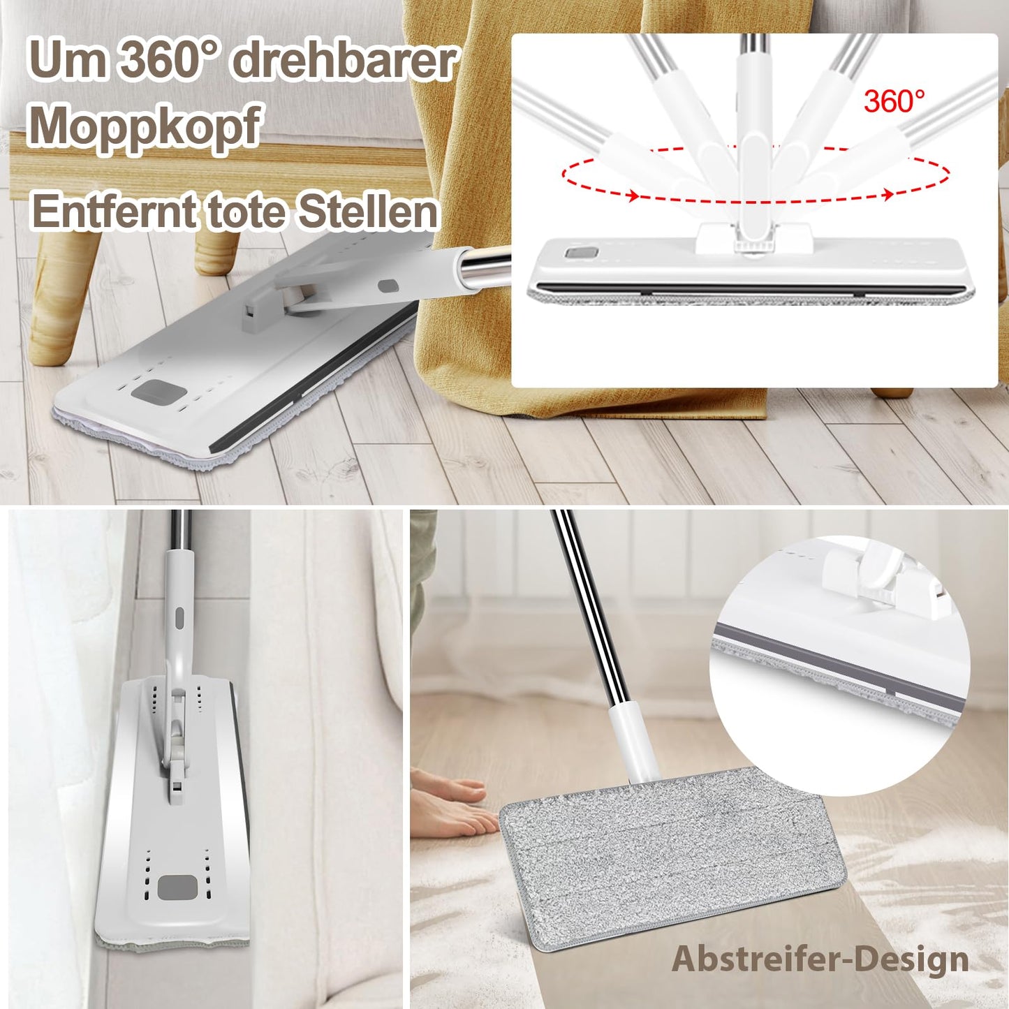 Wischmopp Set mit Eimer, MASTERTOP Bodenwischer Set mit Verstellbarer Griff und 10 Mikrofaser Wischpads, 2 in 1 Putzeimer and Wischmopp Set, Wischer mit Auswringfunktion für All Boden-Weiß