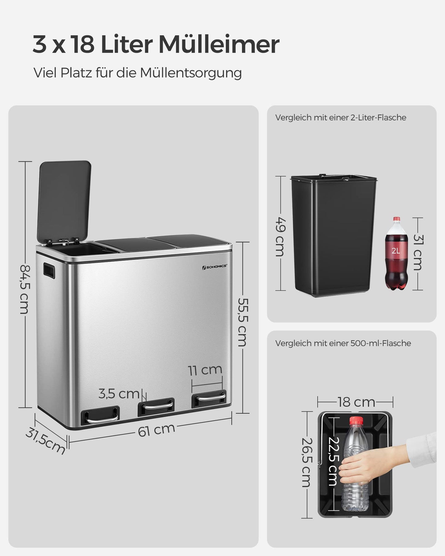 SONGMICS Mülleimer Küche, 3 x 18 L, Mülltrennsystem 3 Fächer, inklusive 15 Müllbeutel, Abfalleimer, Treteimer, für recycelbare Abfälle, Biomüll, mit Deckel, metallicsilber-tintenschwarz LTB54NL