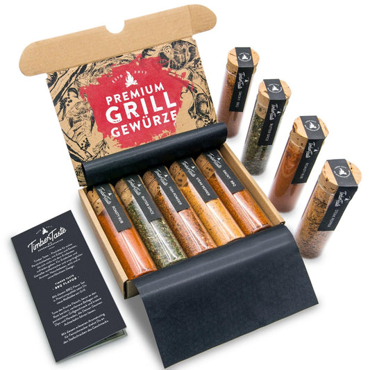 TIMBER TASTE® Grill Gewürze Geschenkset Männer | 5 erlesene BBQ Grillgewürze inkl. Rezepte | Grill Zubehör Ostern Geschenke für Männer | Gewürze Set Ostergeschenke für Erwachsene | Gewürzset
