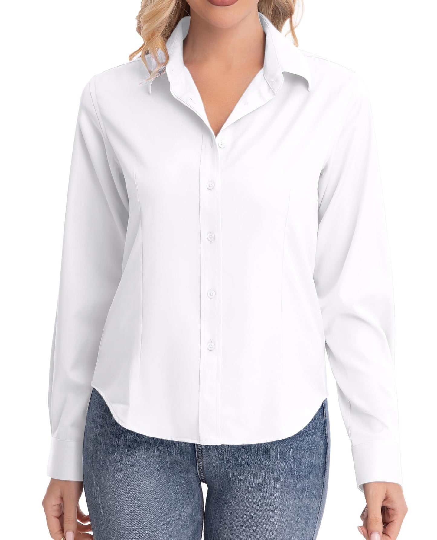 J.VER Bluse Damen Casual Business Bluse Damen Button Down Shirts Klassische Langarm Kragen Tops Bügelleichtes Modern Oberteil,Weiß,L