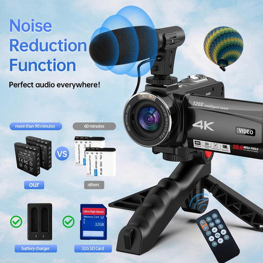 4K Videokamera Camcorder, 10X Optischer 120X Intelligenter Zoom Vlogging Kamera, 30 MP Autofokus Webcam Camera mit Stativ, 3,0-Zoll-IPS-Touchscreen, Mikrofon, 32 GB SD Karte, 2 Batterien für YouTube