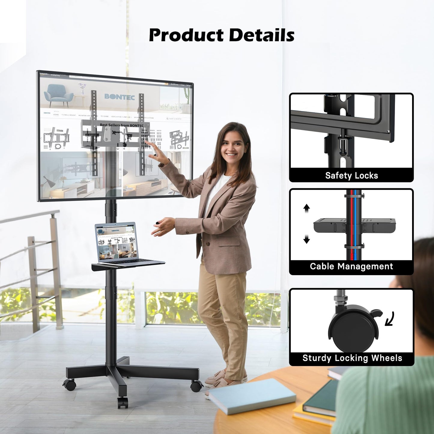 BONTEC TV Ständer auf Rollen, Neigbar, Höhenverstellbarer Rollbarer TV Ständer Rollbar mit Medienablage für 23–60 Zoll LED, LCD, OLED-Flach- und Gebogene Fernseher, hält bis zu 25 kg
