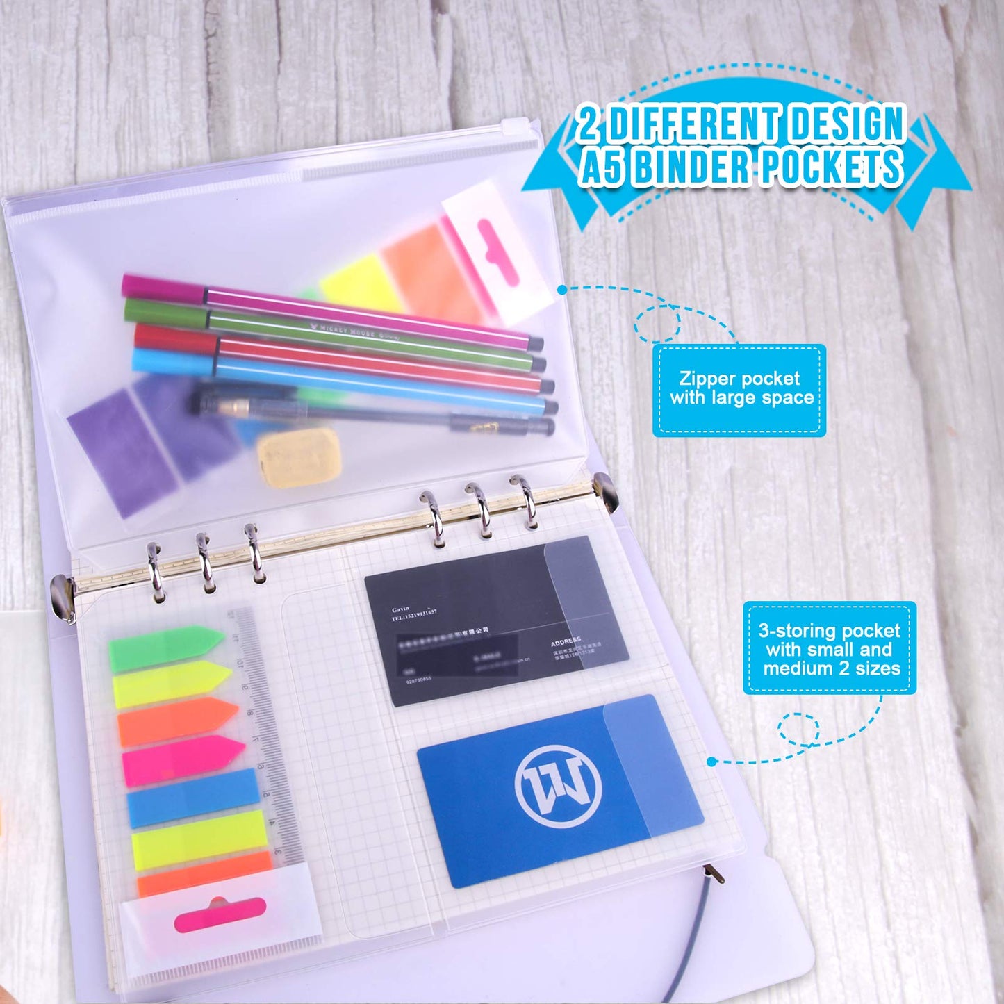 FANDAMEI A5 Karierte Nachfüllbare Notizpapier Set, 2 Packe 6 Löcher A5 Nachfüllpapier 90 Blätter, 5 Stücke Farbige Trennblätter A5, 460 Stücke Haftnotizen Bunt, 2 Stücke Umschlägbeutel A5