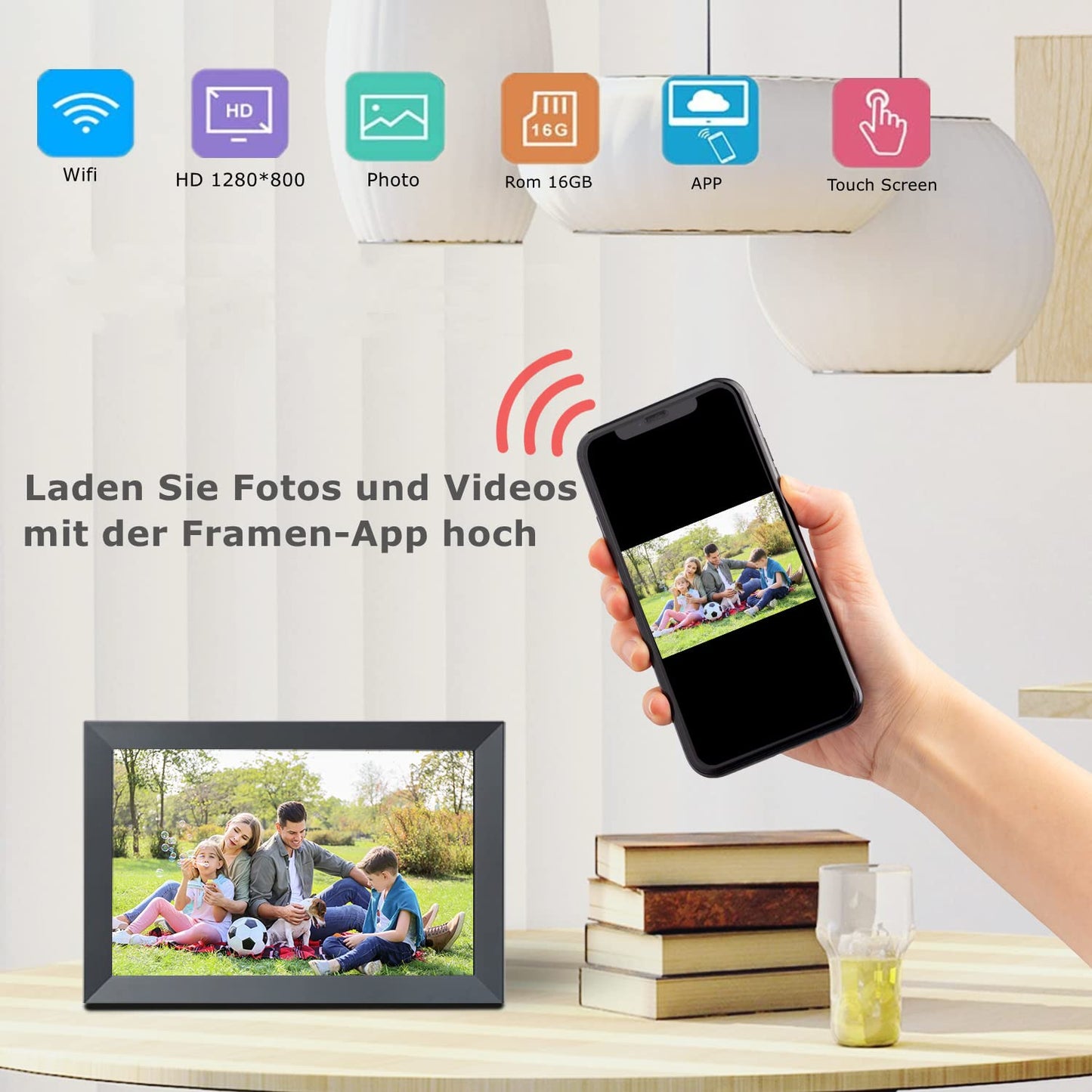Aorpdd Digitaler Bilderrahmen WLAN 10.1 Zoll, HD IPS-Touchscreen Elektronischer Bilderrahmen mit 32 GB Speicher, Automatische Drehung, Teilen von Fotos oder Videos überall über Frameo App