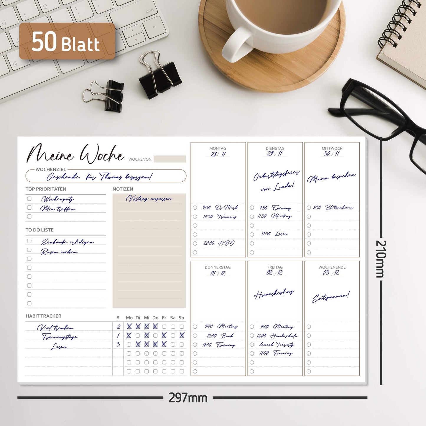 Biroyal Wochenplaner Block A4 ohne festes Datum (50 Seiten), Schreibtischunterlage mit ToDo Liste, Wochenkalender Wochen Planer mit Wochenübersicht&Habit-Tracker für Termine, Aufgaben& Notizen