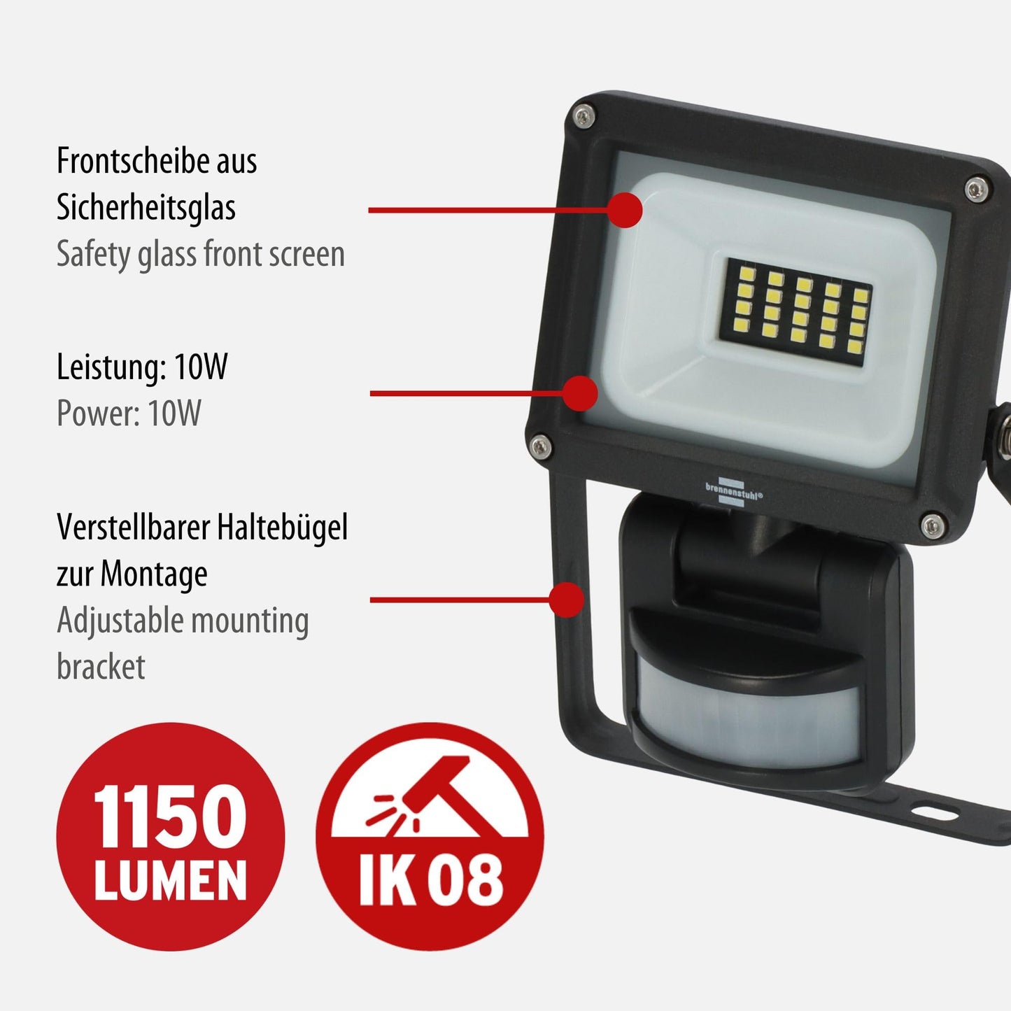 Brennenstuhl LED Strahler JARO 1060 P (LED Wandstrahler für außen IP65, 10W, 1150lm, 6500K, mit Bewegungsmelder und Dämmerungssensor)