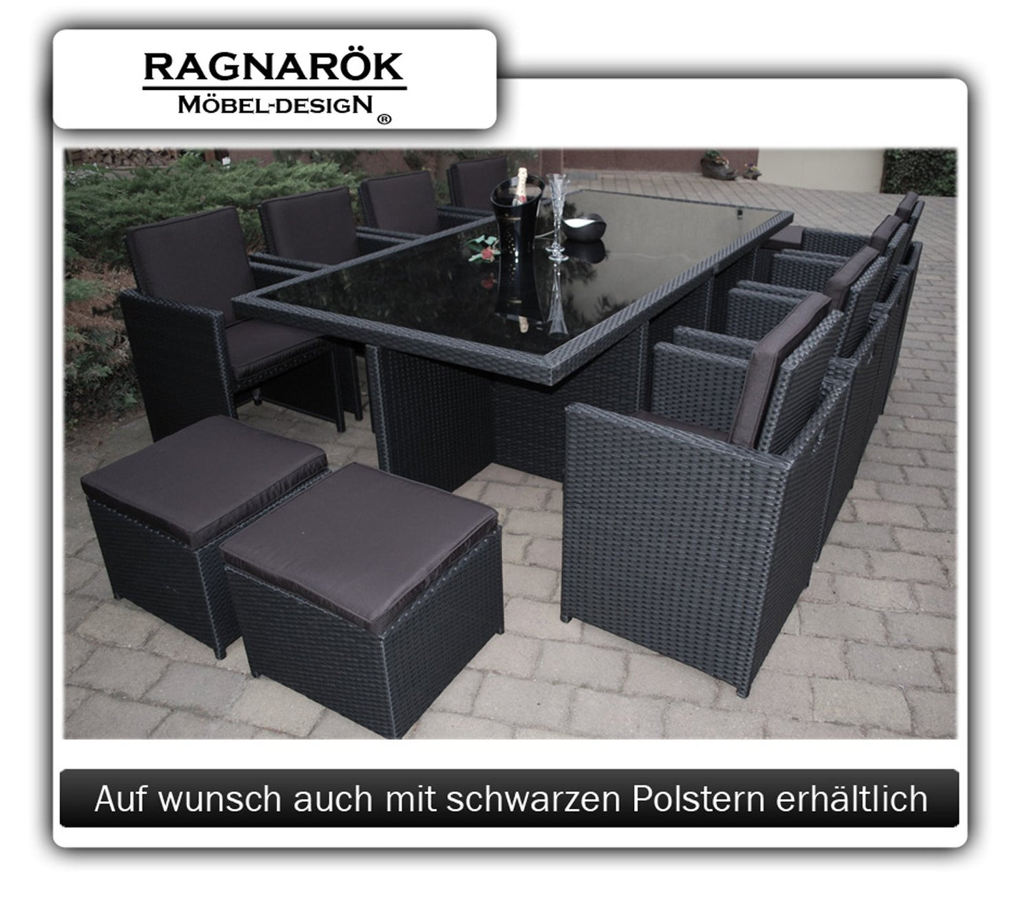 Ragnarök-Möbeldesign Wieland Premium PolyRattan Essgruppe - Deutscher Hersteller - 8 Jahre GARANTIE - Tisch Stuhl Hocker schwarz Aluminium