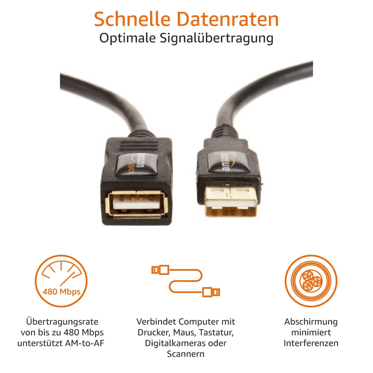 Amazon Basics 7GV4 USB-A 2.0 Stecker auf A-Buchse Verlängerungskabel (1 m), Schwarz