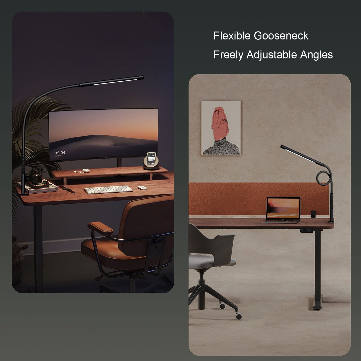EYOCEAN Schreibtischlampe LED mit Fernbedienung, Verstellbare Schwanenhals Klemmleuchte, Einstellbare Dimmen & Farbtemperaturen, Berührungssteuerung Büro Tischlampe, 12W, Mattschwarz