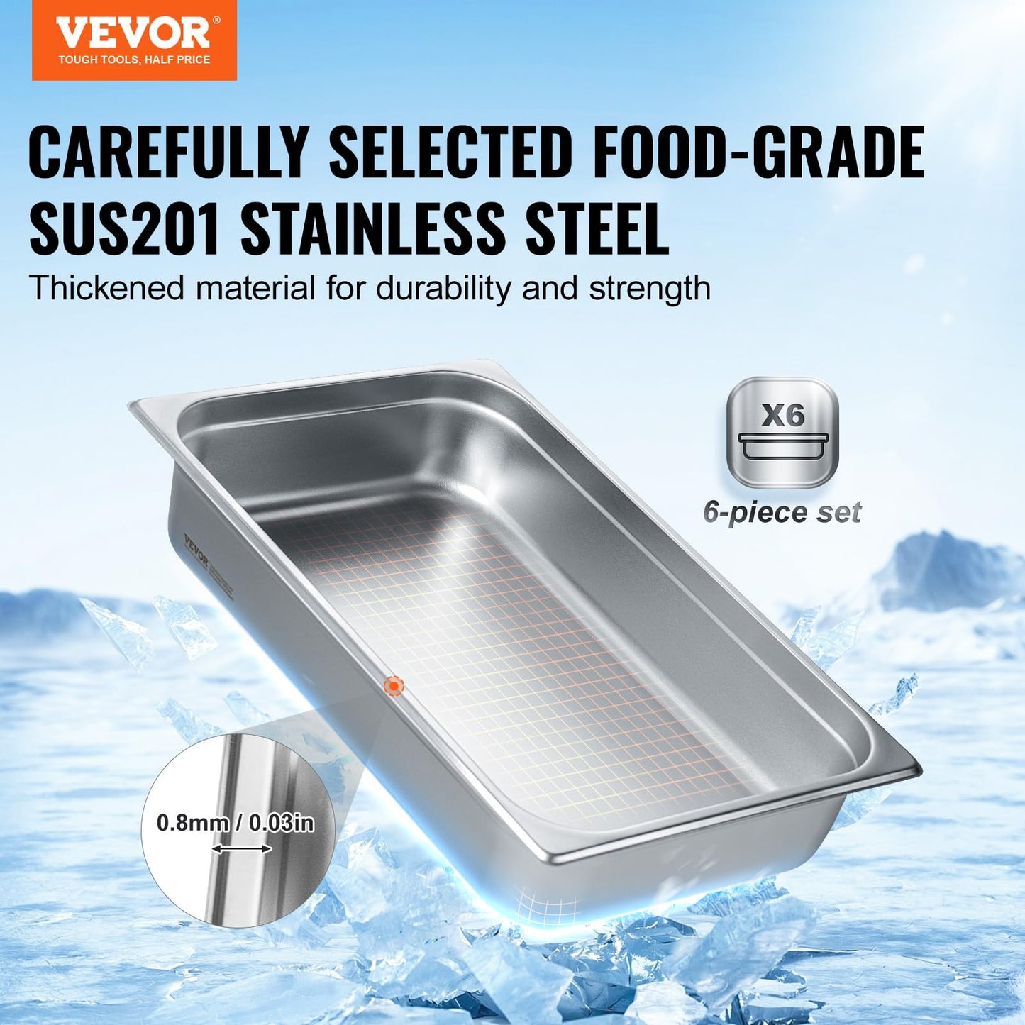 VEVOR Gastronormbehälter, Edelstahl Behälter 6 Stück, 530 x 326 x 107 mm Speisebehälter, kommerzieller Dampfpfanne Warmhaltebehälter 13,9 L Tiefe, Hotelpfanne Tisch Food Pan Buffet Catering