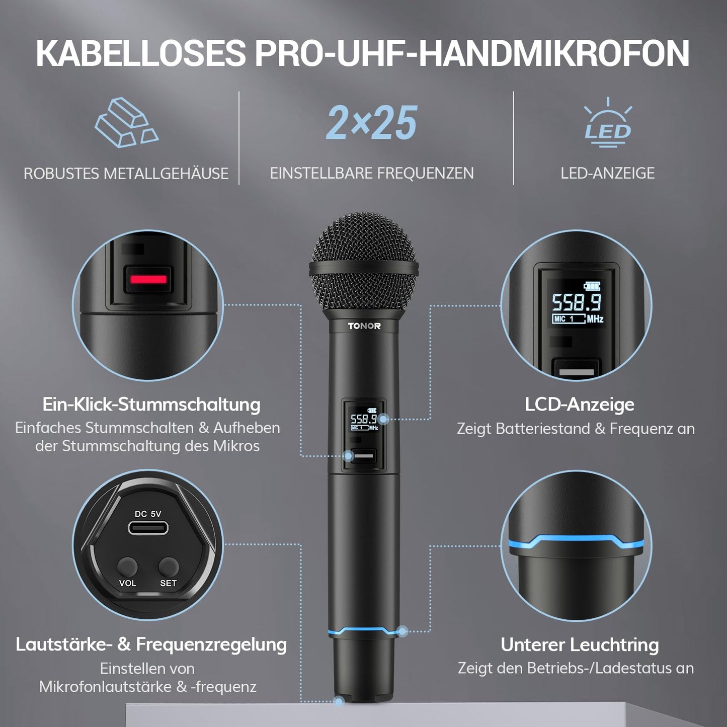 TONOR Mikrofon Kabellos, Bluetooth Wiederaufladbares Funkmikrofon, Metall UHF Drahtloses Mikrofon Set, 2x25 Einstellbare Wireless Microphone für PA Anlage Karaoke Hochzeit Party Konferenz 100m, TW720