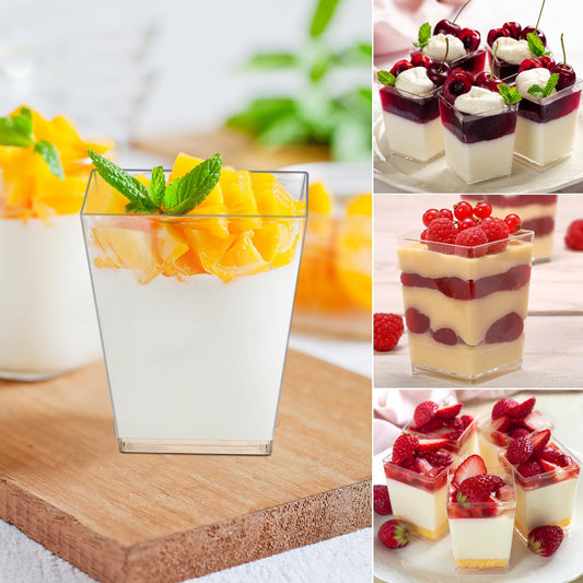 Desserttassen 50 Stück,160ml Plastik Dessertbecher mit Löffeln Wiederverwendbar Quadratisches Dessertbecher Set für Mousse Pudding Eis Buffet Hochzeiten Geburtstag Party