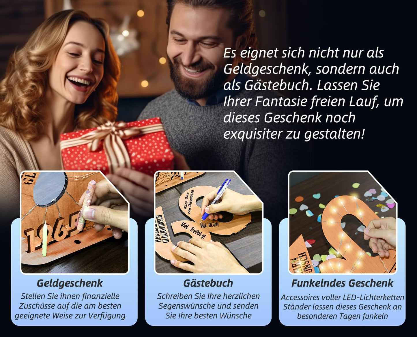 Giftota - Originelle 18 Geburtstag Geschenk Mädchen & Jungen - Geldgeschenke Geburtstag 18 mit LED Lichterkette Ständer - 2025 Holz-Schild Gästebuch - 18 Geburtstag Deko - Personalisierbares Geschenk