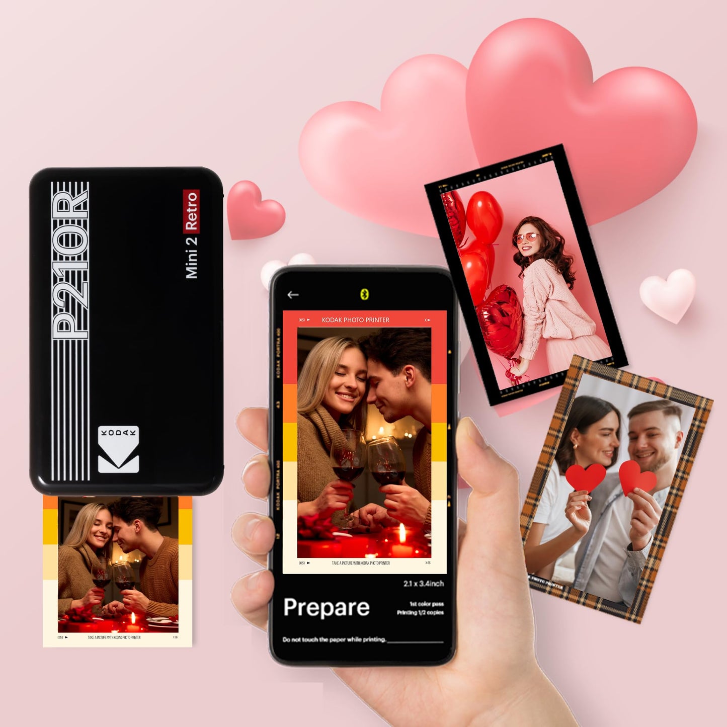 KODAK P210 Mini 2 Retro, Mobiler Farbig Handy Fotodrucker, Kompatibel mit Smartphone (iOS & Android), Bluetooth, 54x86 mm, 4Pass-Technologie, Laminierung, 68 Blatt, Weiß