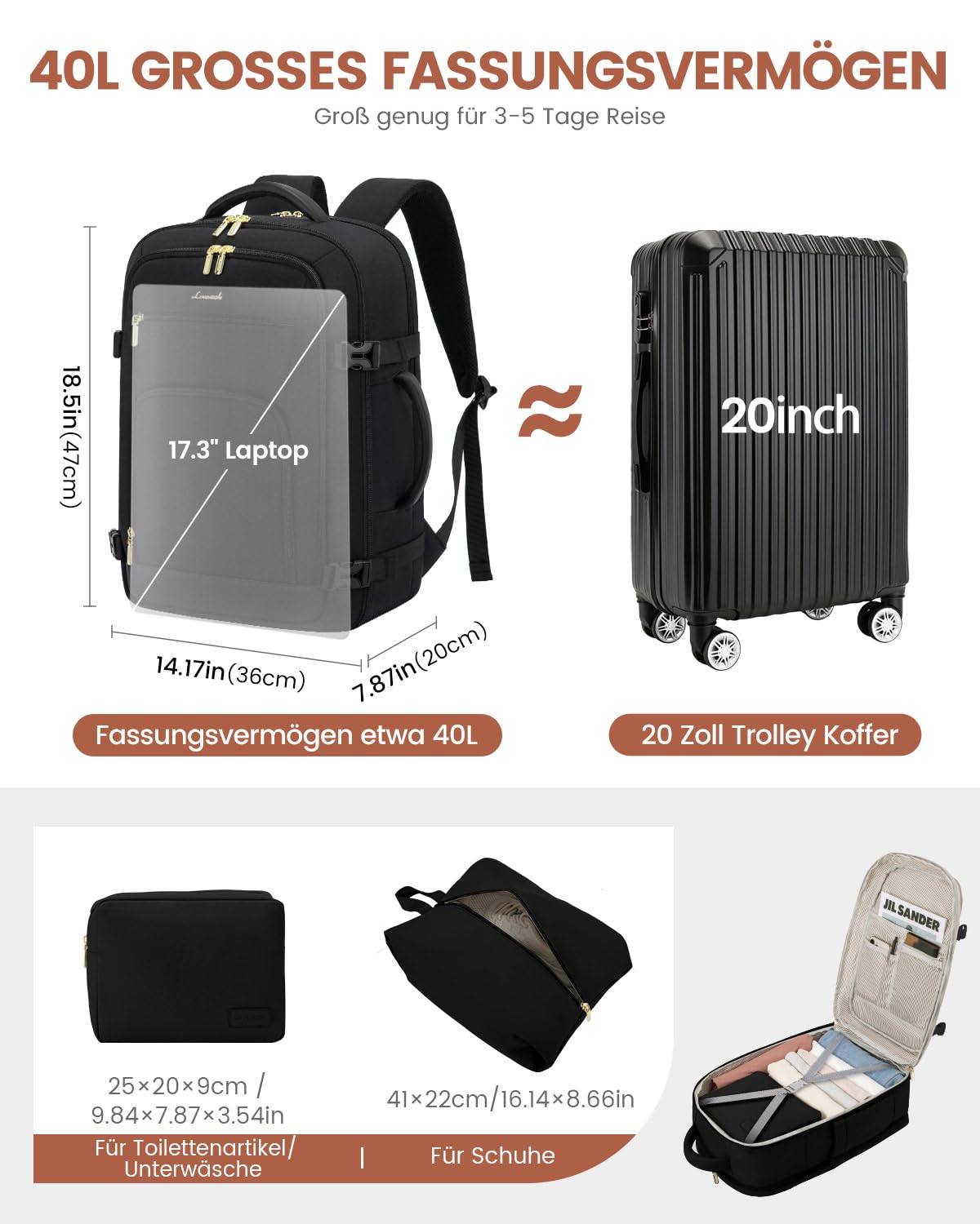 LOVEVOOK Handgepäck Rucksack Herren Damen, 40L Reiserucksack Flugzeug Travel Backpack für 17 Zoll Laptop, Groß Carry On Luggage Cabin Bag für Reise Geschäftsreise Business Wandern Weekend Schwarz