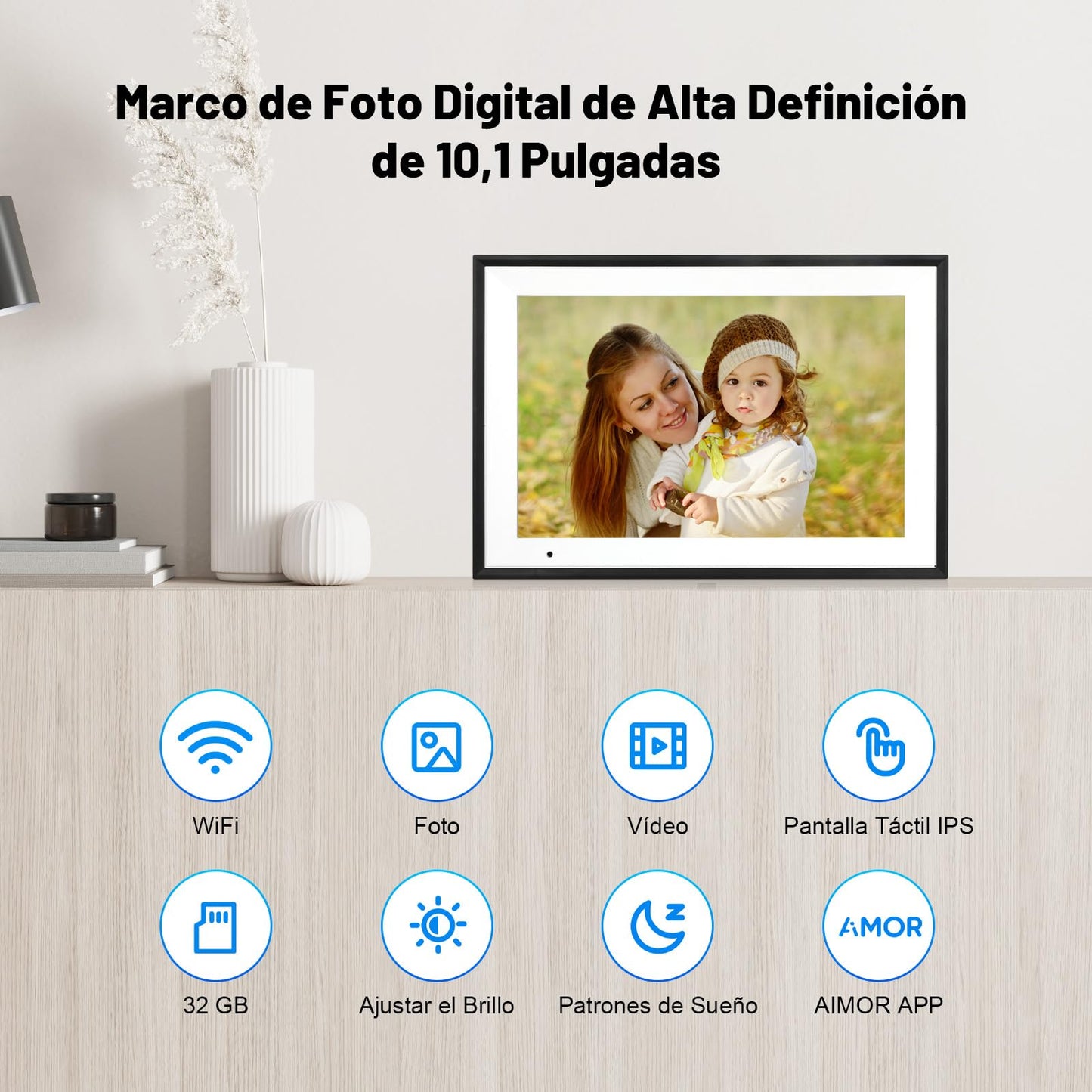 AEEZO Digitaler Bilderrahmen WLAN 10,1 Zoll,1280x800 IPS Touchscreen Elektronischer Fotorahmen,32GB-Speicher,Automatische Drehung, Unterstützt Micro SD Karte