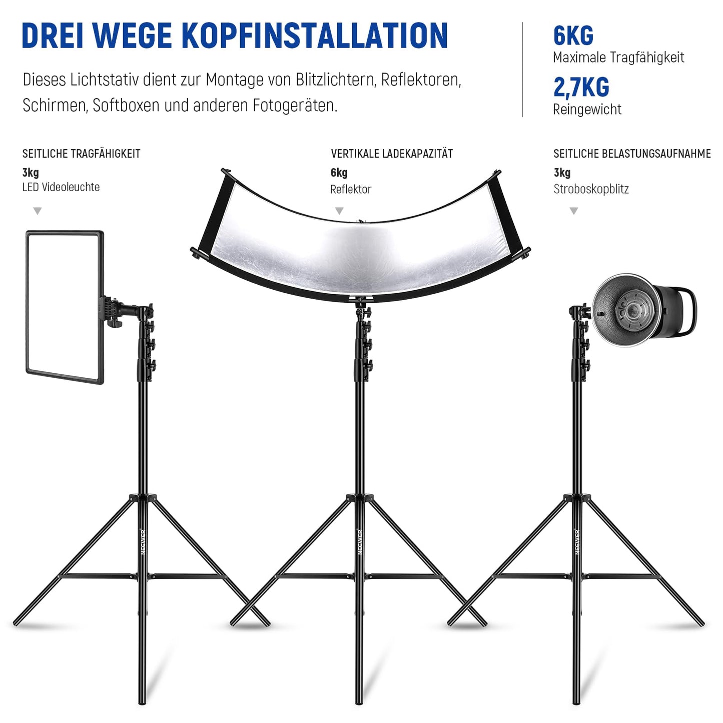 NEEWER 4m Lichtstativ, Luftgepolstertes Heavy Duty Metallstativ für Ringlicht Fotografie Lampen mit 1/4" zu 3/8" Schraubadapter und 3 Wege Schnittstellen, Tragfähigkeit: 3kg, ST-400AC
