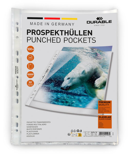 Durable Prospekthüllen (Klarsichthüllen A4 Premium extra stark, 0,08mm) 100 Stück, glasklar, 267619