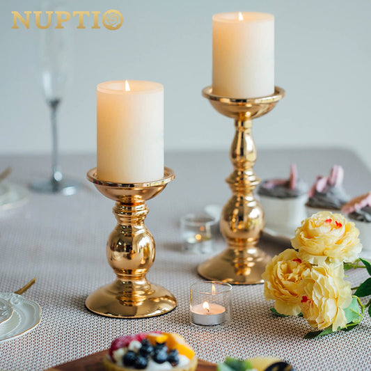 Nuptio Eisen Säulenständer Kerzenhalter, Tischdekoration Kerzenständer für Hochzeit Party Geburtstag Abendessen Bei Kerzenlicht, Vintage Kerzenständer Hausdekoration, Kupferfarbe (Gold, Klein + Groß)