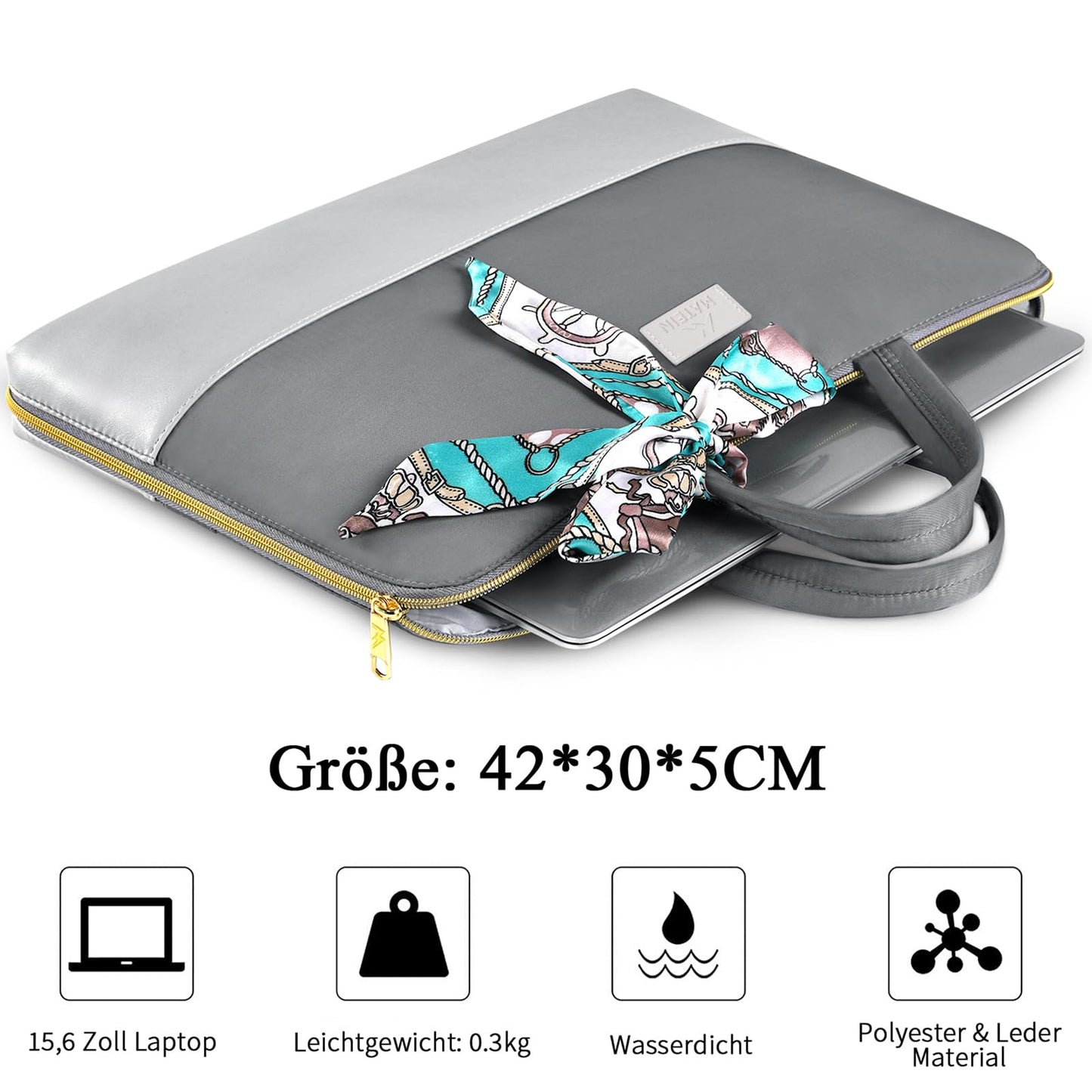 MATEIN Laptoptasche 15.6 Zoll, Arbeitstasche Damen Büro Aktentasche Leder Notebook Tasche Laptop Bag Women Business Computertasche mit bedruckt Abnehmbar Schleife Elegant Wasserabweisend Frauen, Grau