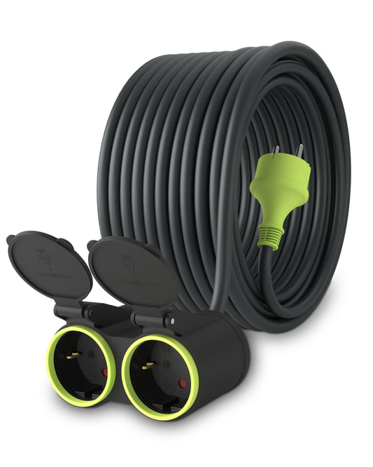 MutecPower 20m Verlängerungskabel mit 2 schuko steckdosen für den aussenbereich IP44 H05RR-F3G 1,5mm² doppel-verlängerung mit 2 schutzkontakt buchsen 2-Fach Outdoor verteiler 20 Meter schwarz/grün