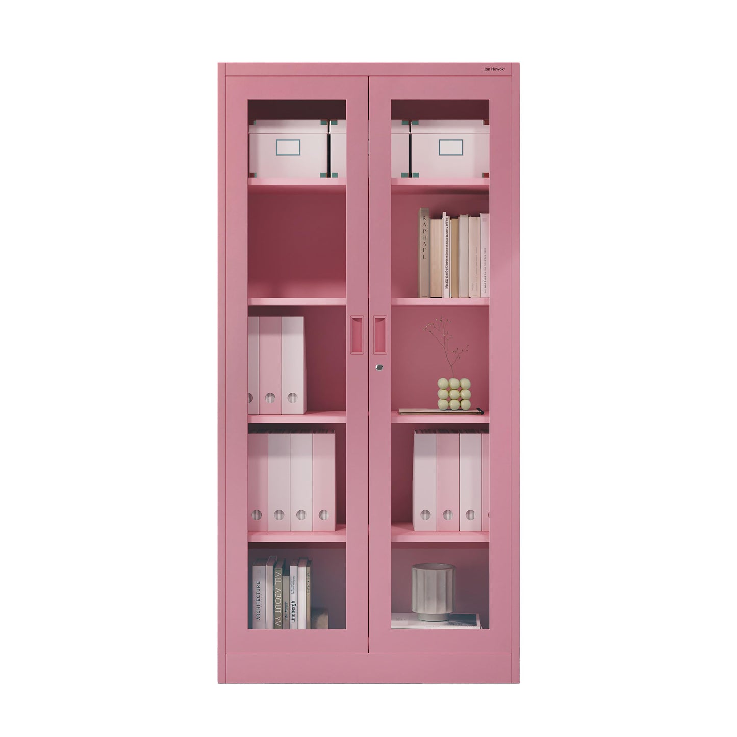 Jan Nowak Metallschrank mit Glasvitrine Aktenschrank Büroschrank Aufbewahrungsschrank 4 verstellbare Fachböden Sicherheitszylinderschloss Pulverbeschichtung 185 cm x 90 cm x 40 cm (Rosa)