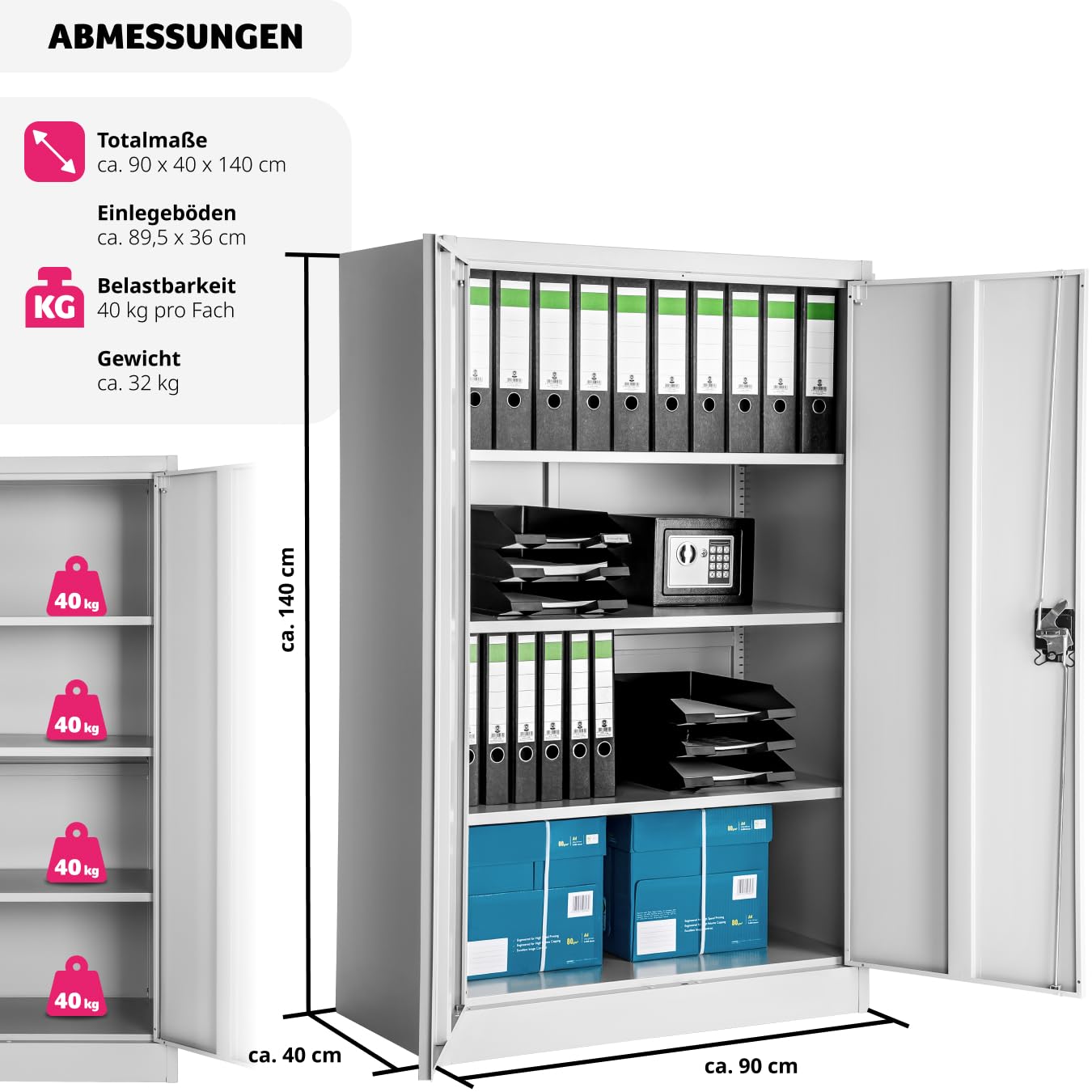 tectake Aktenschrank, Büroschrank abschließbar, Mehrzweckschrank aus Stahl, Allzweckschrank, mit 2 Türen, inkl. 3 höhenverstellbare Einlegeböden, 140x90x40 cm - grau