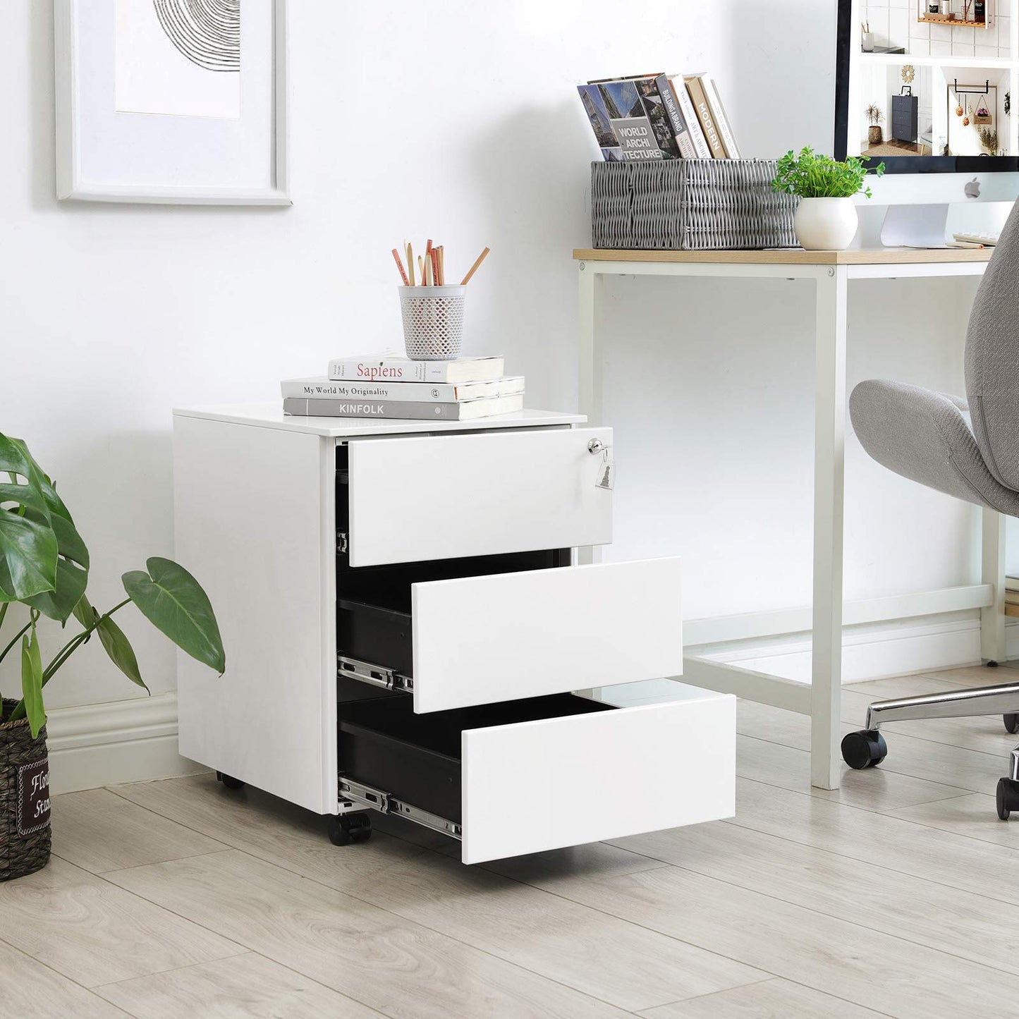 SONGMICS Rollcontainer, Metallschrank, mobiler Aktenschrank, Druckertisch, abschließbar, 3 Schubladen, Unterschrank, vormontiert, Büro, Homeoffice, 45,1 x 39 x 53,8 cm, wolkenweiß OFC63WT