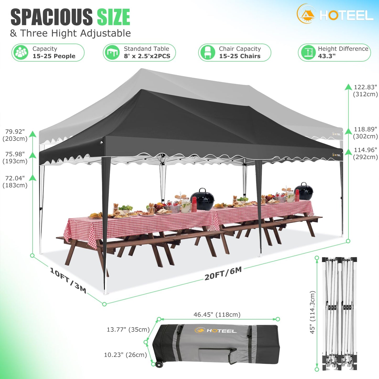 HOTEEL Faltpavillon 3x6 Pavillon Wasserdicht Stabil Partyzelt Faltbar, Faltzelt Mit 6 Seitenwänden & Rolltasche & 4 Sandsäcken, Einfacher Aufbau für Hochzeiten, Gewerbe, Partys, UV50+ Schutz, Schwarz