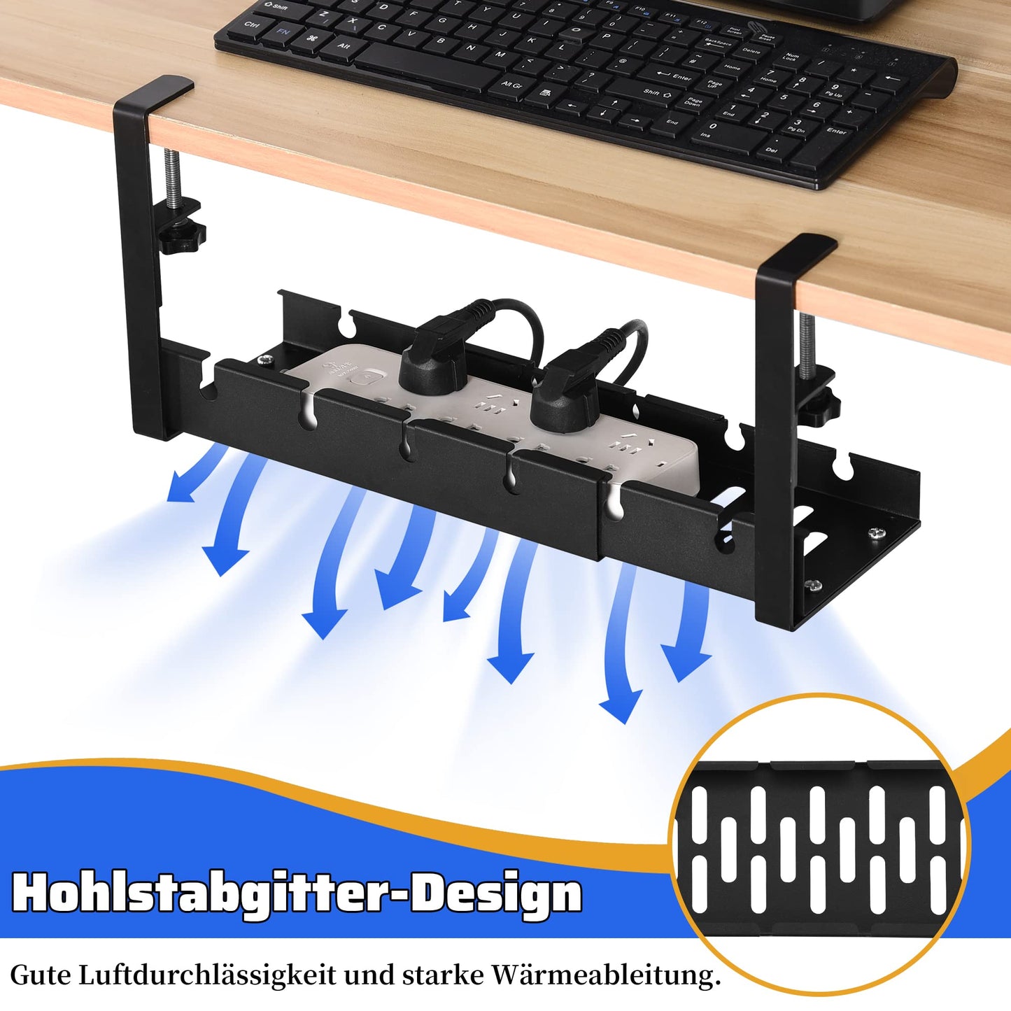 Kabelkanal Schreibtisch Ohne Bohren, HQQNUO Schwarz Einziehbarer 30.5-55cm Kabelmanagement Schreibtisch, Verstellbarer Metall Kabelhalter Kabel Organizer für Home Office Cable Management Under Desk