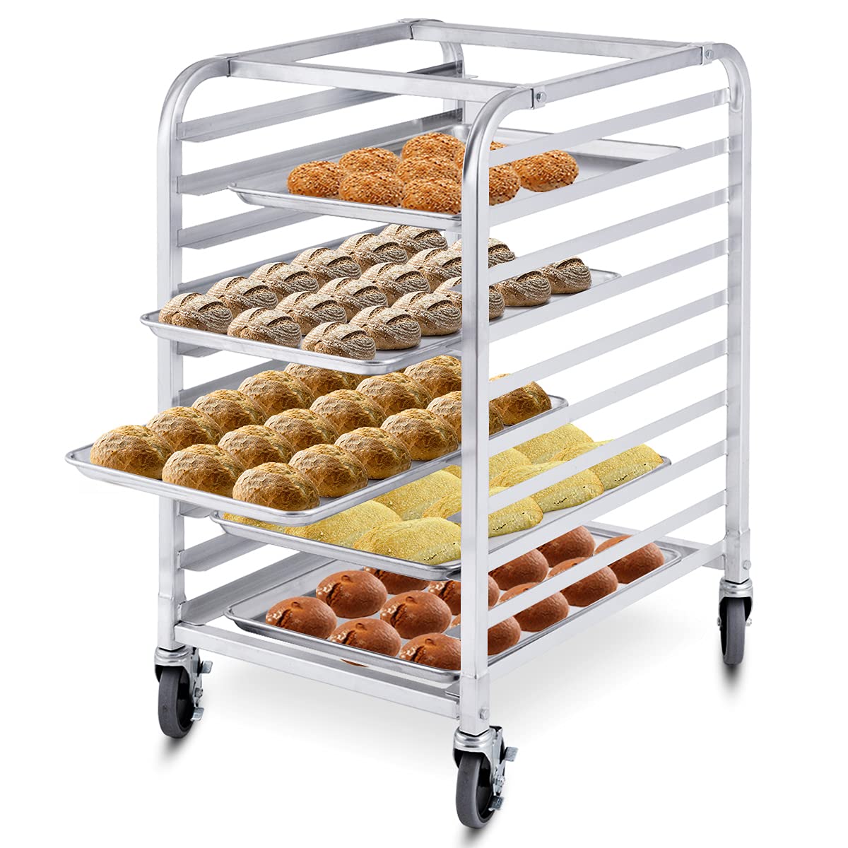 COSTWAY Tablettwagen für 10 Tabletts, Regalwagen Servierwagen Aluminium, bis 15 kg pro Blech, Abräumwagen auf Rollen mit Bremse, Transportwagen Stikkenwagen, Rollwagen Küchenwagen, Silber