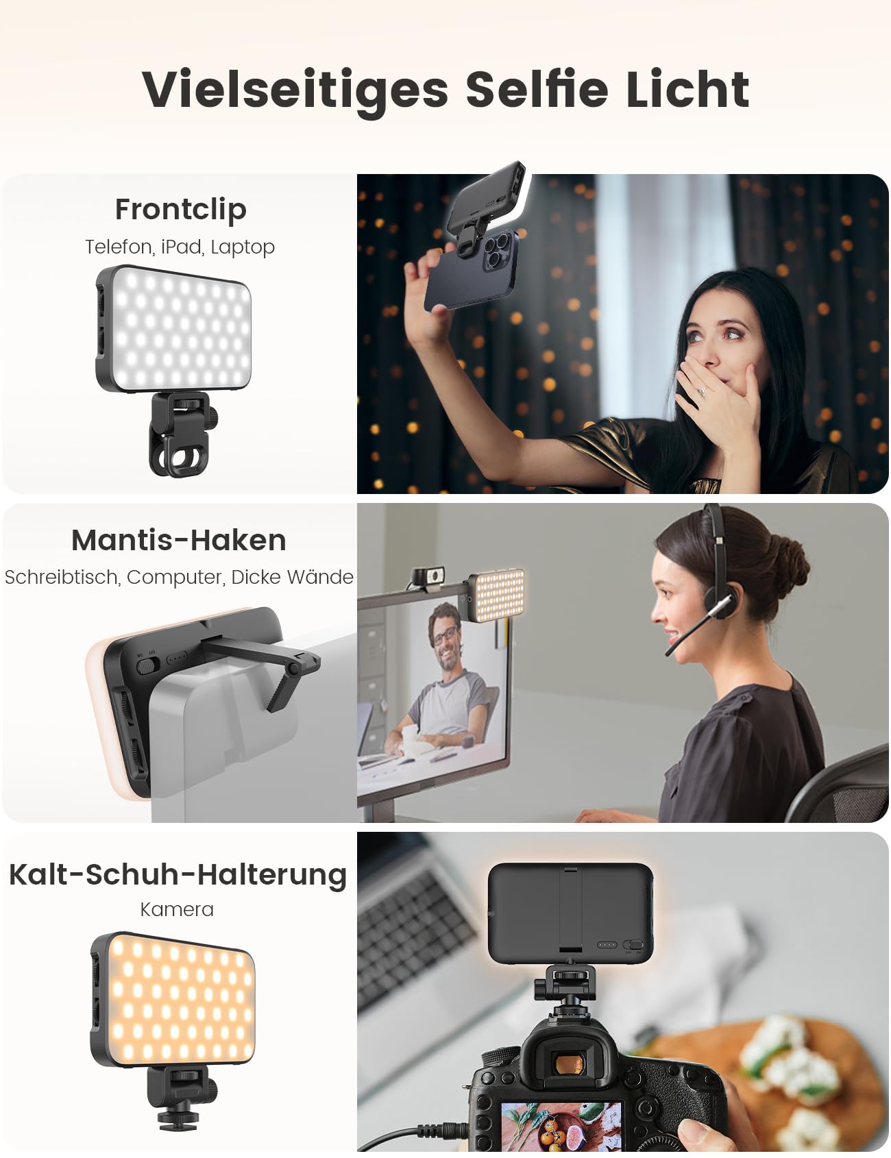 ANXRE Selfie Licht mit Soft-Diffusor & integriertem Ständer – Wiederaufladbares Clip-Fill-Licht mit 96 LEDs, geeignet für Handy, iPhone, Kamera und Laptop, für Make-up, TikTok, Vlogs und Videoanrufe