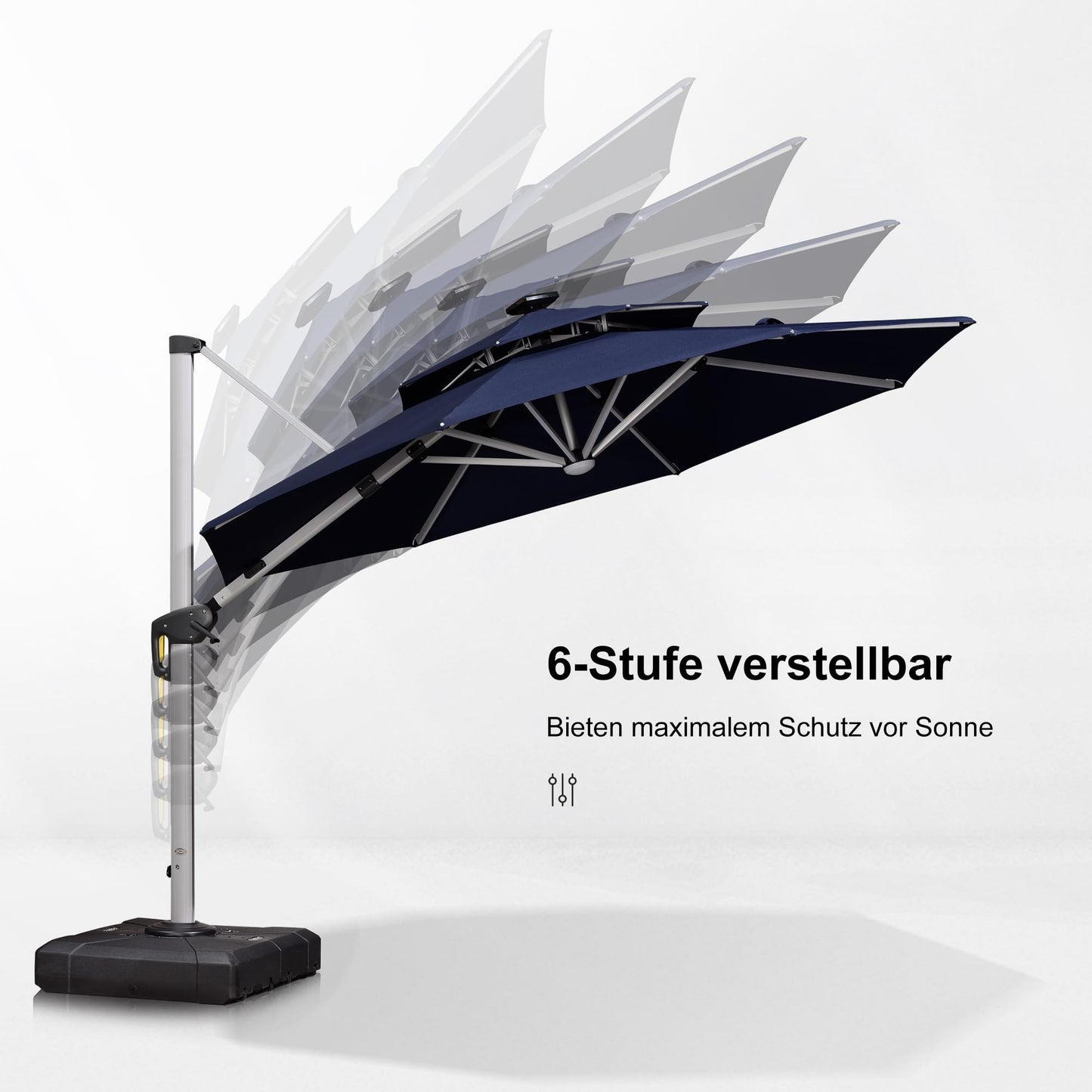 PURPLE LEAF Sonnenschirm Ø 330 cm mit Led Solar Beleuchtung Ampelschirm Marktschirm Gartenschirm Kurbelschirm Terrassenschirm mit Kurbel, 360° Rotation, Sonnenschutz UV50+, Marineblau