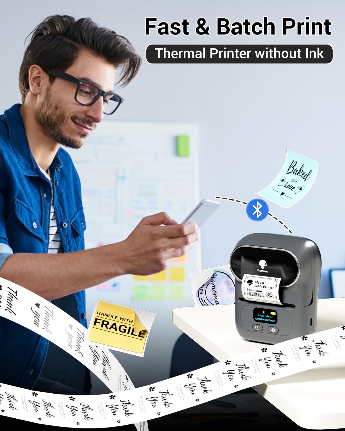 Phomemo M110 Etikettendrucker Selbstklebend mit 3 Etikettenrollen,Bluetooth Etikettiergerät Beschriftungsgerät Thermo Barcode Labeldrucker für Einzelhandel,kleine Unternehmen,mit Handys & PC(Schwarz)