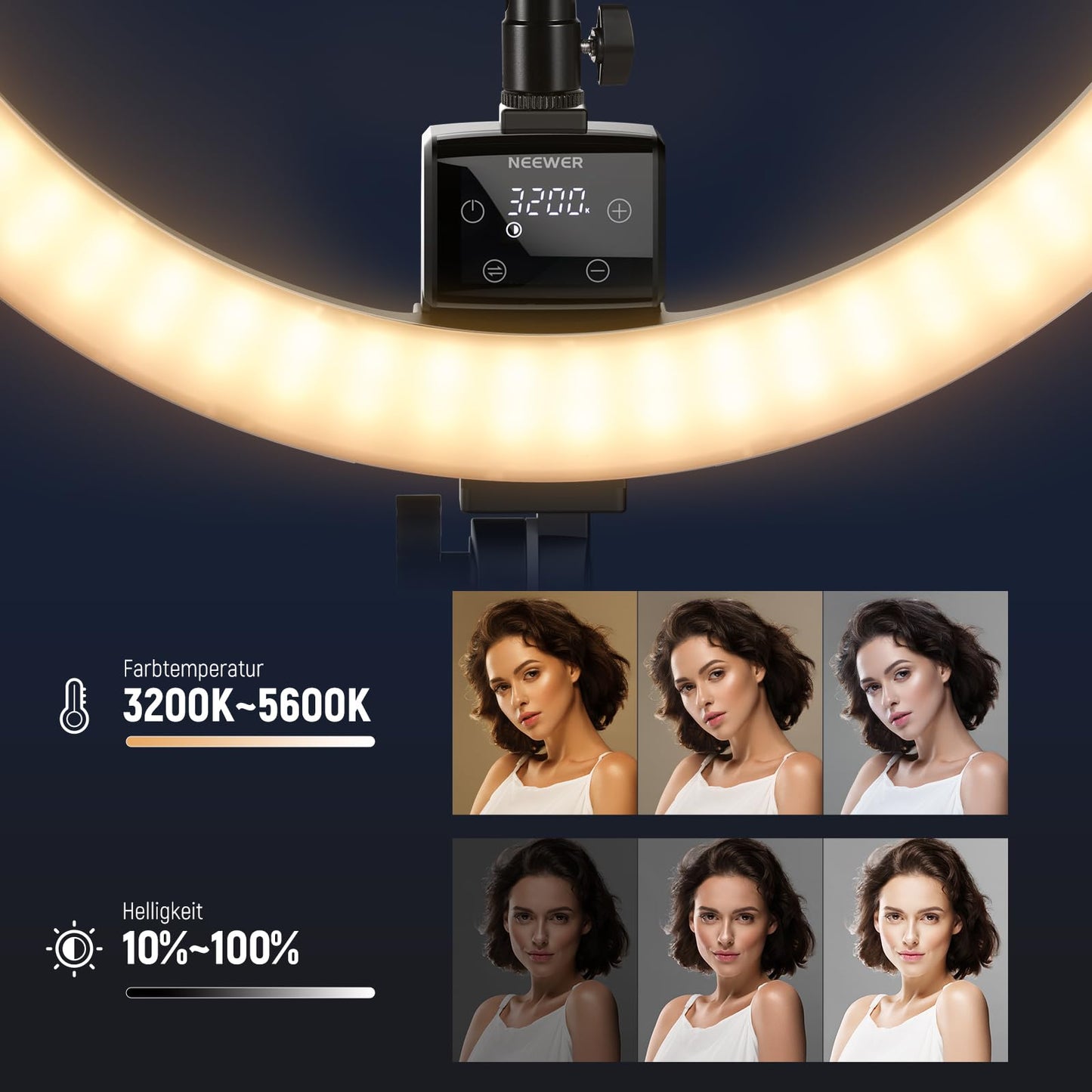 NEEWER Ringlicht SRP18-2,4G 18 Zoll LED mit Ständer und Telefonhalter, 2,4G & Manual Touch Control Professional Ringlicht, 42W 3200-5600K für Tattoo Wimpern Friseur Fotografie Beleuchtung,(Schwarz)