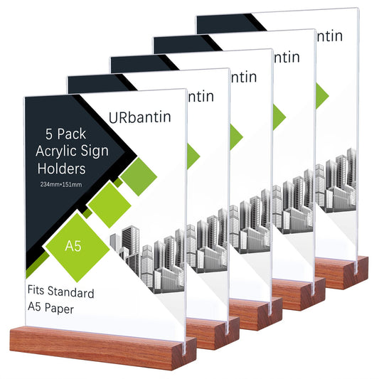 URbantin A5 Ständer Aufsteller Acryl Tischaufsteller,5 Stück T-Ständer Werbeaufsteller T-Aufsteller,Doppelseitig Schildhalter für Restaurant,Hotel,Dokumente,Büro, Geschäft (Holzsockel)