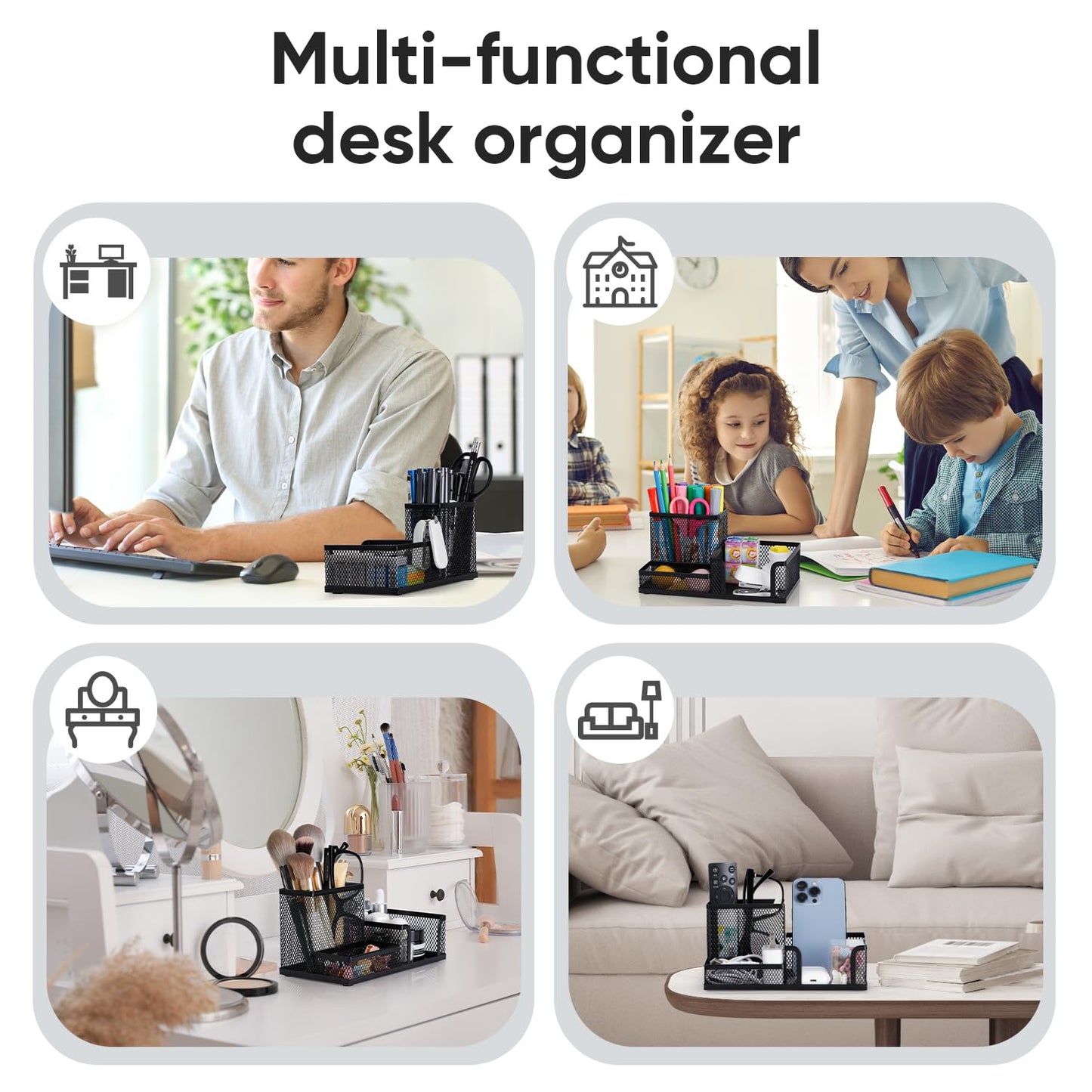 deli Schreibtisch Organizer aus Drahtmetall, Multifunktionale Organisation mit Stifthalter und Aufbewahrungskörben, für Zuhause und Büro, 3 Fächer, Schwarz