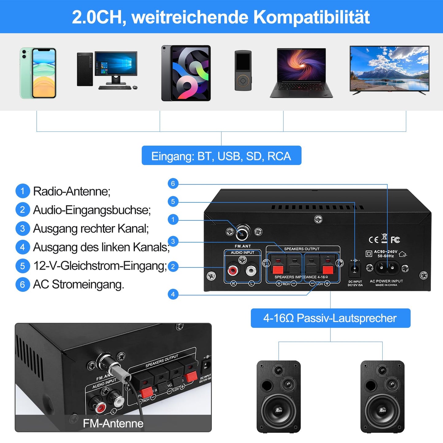 HiFi-Verstärker AK45 Mini Bluetooth Stereo-Audioverstärker Receiver 12V/ 220V 400W 2 Kanäle Digitale Endverstärker Soundverstärker w/UKW-Radio, SD/USB-Karteneingang, für Zuhause oder Auto