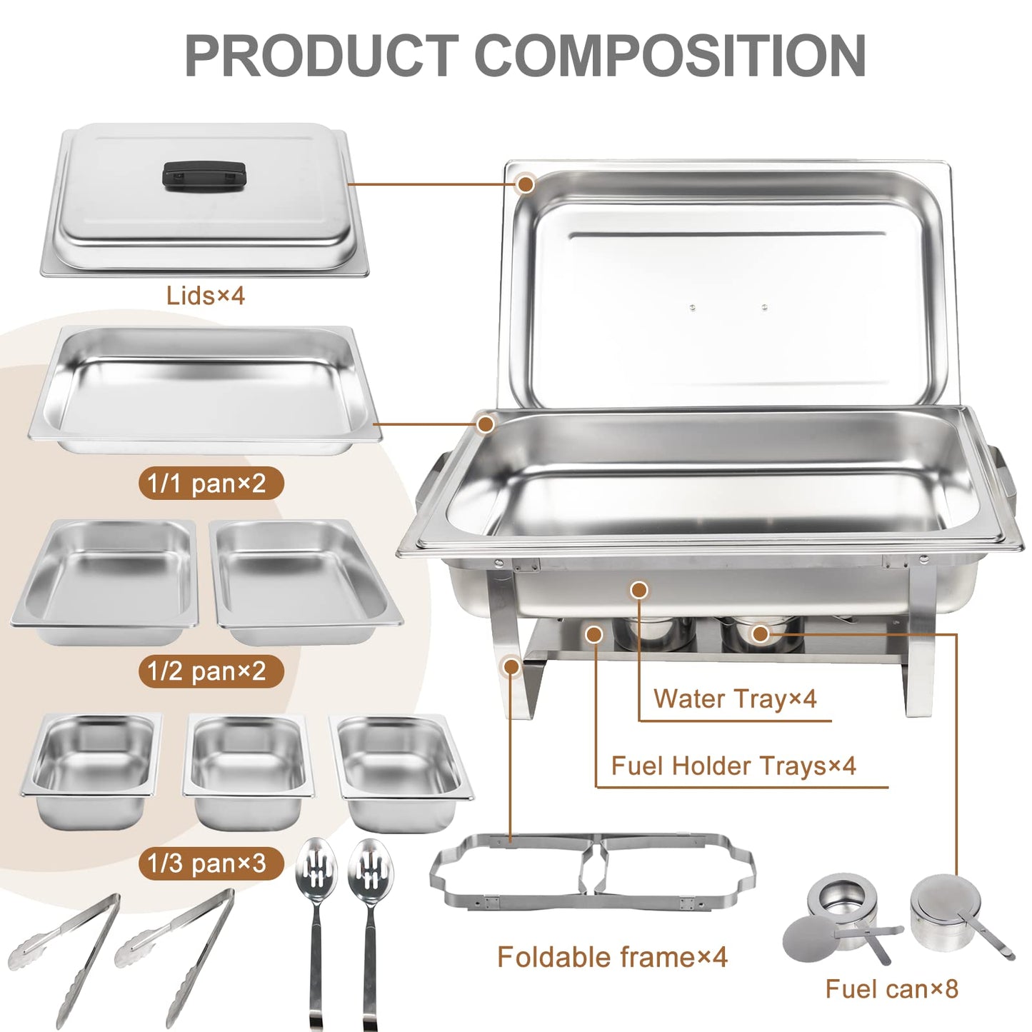 Valgus 4-Pack 9L Edelstahl Chafing Dish Set Buffet Suppenwärmer mit 2 volle Größe, 2 halbe Größe, 3 1/3 Größe Pfannen Food Warmer für Partys, Buffets, Hochzeit, Bankett, Catering Veranstaltungen
