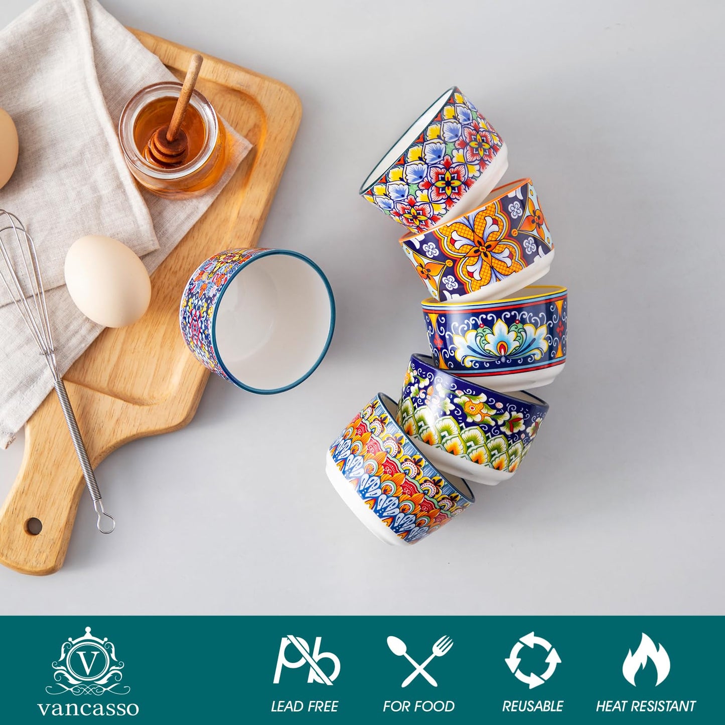 vancasso Serie SIMI, Souffle Förmchen zum Backen 6er Set, 120ml Creme Brulee Schälchen, Souffleeförmchen Backofenfest, Ofenfeste Creme Brulee Schalen, Vibrant Bohemian Mini Auflaufform
