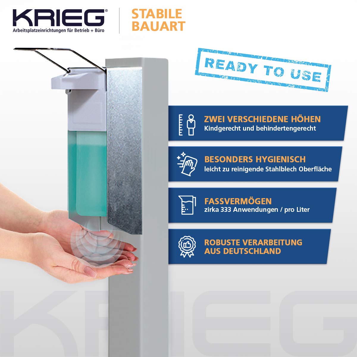 KRIEG Desinfektionssäule stehend I Silber I Hygienestation freistehend & mobil I Hygienesäule mit Desinfektionsmittel I 1000 ml - 333 Sprühstöße I Ready to go