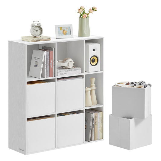 Schneeweißes SONGMICS HOME Bücherregal mit 9 Fächern, 6 Stoffschubladen, werkzeuglos, für Bücher und Deko.1,5sSzybki