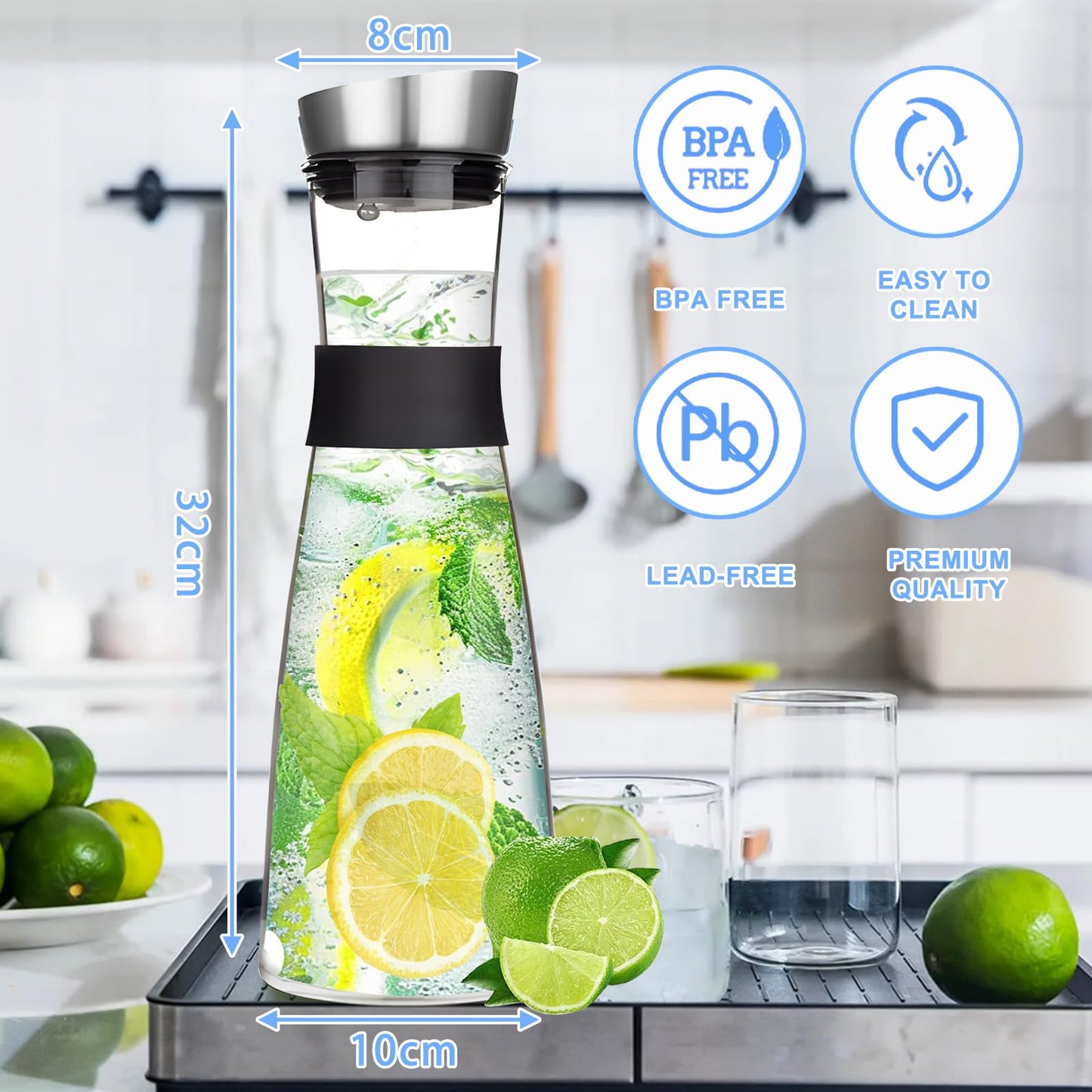 FAMKEEP Glas Karaffe,1200 ML Karaffe mit Deckel aus Edelstahl,Wasserkaraffe,Saft Krug,Glaskaraffe Benutzt für Eistee Heißes Kaltes Wasser Milch Kaffee Wein